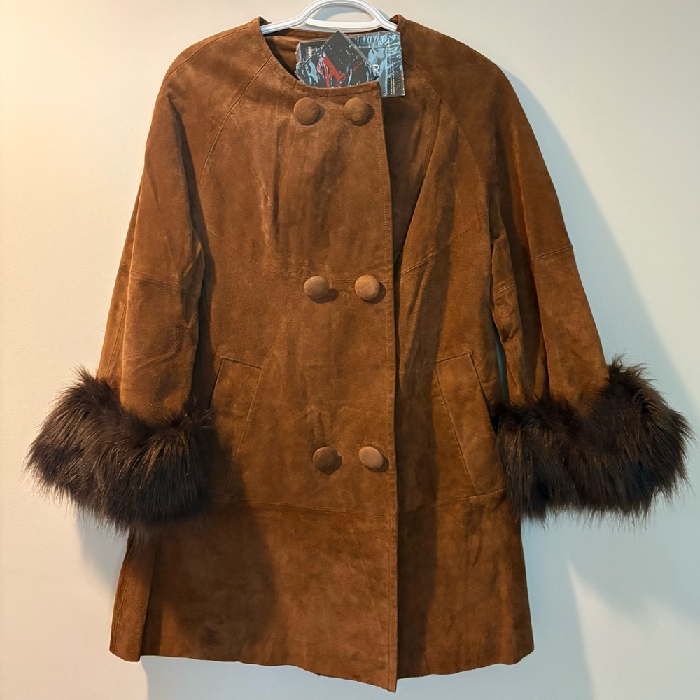 Adrienne Landau Brown Suede Peacoat w/ Removable Fur Cuffs – Size M